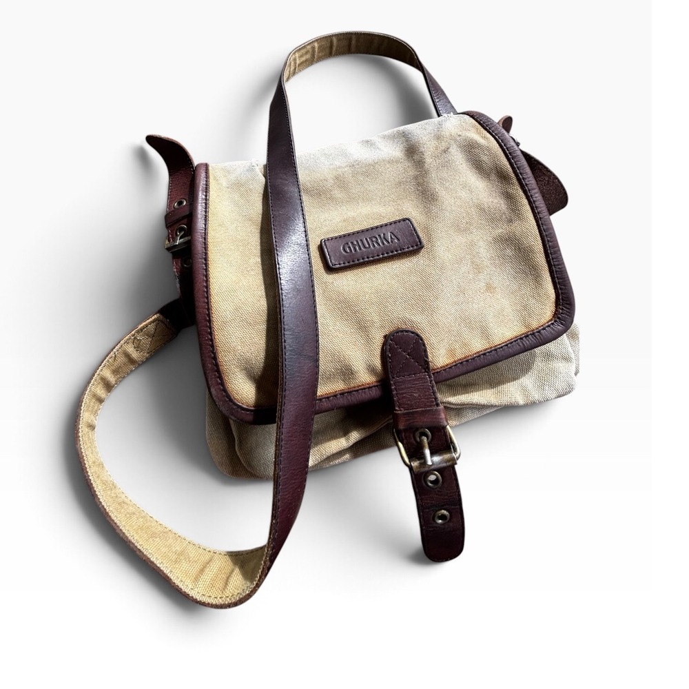 Vintage Ghurka Field Bag Crossbody Tan Canvas Brown Leather Safari Messenger Y2K